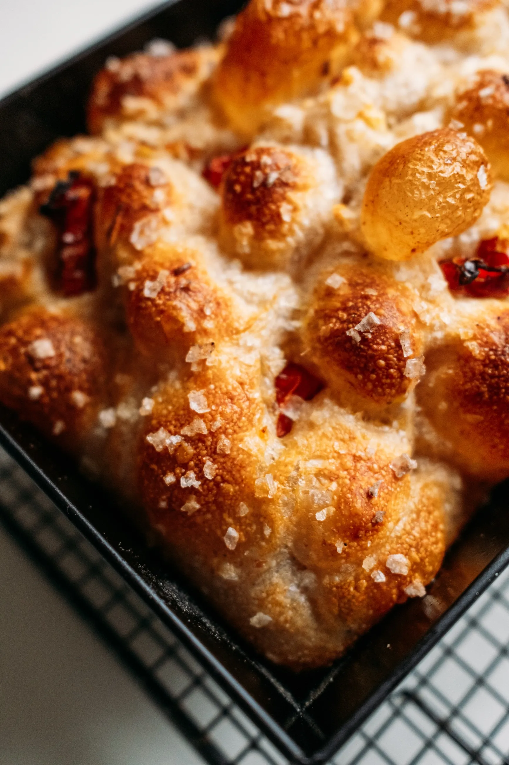 Close-up of crisp focaccia